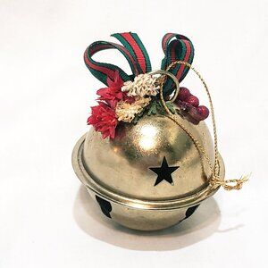 Jingle Sleigh Bell Christmas Mornin Ornament 3" Gold tone Metal